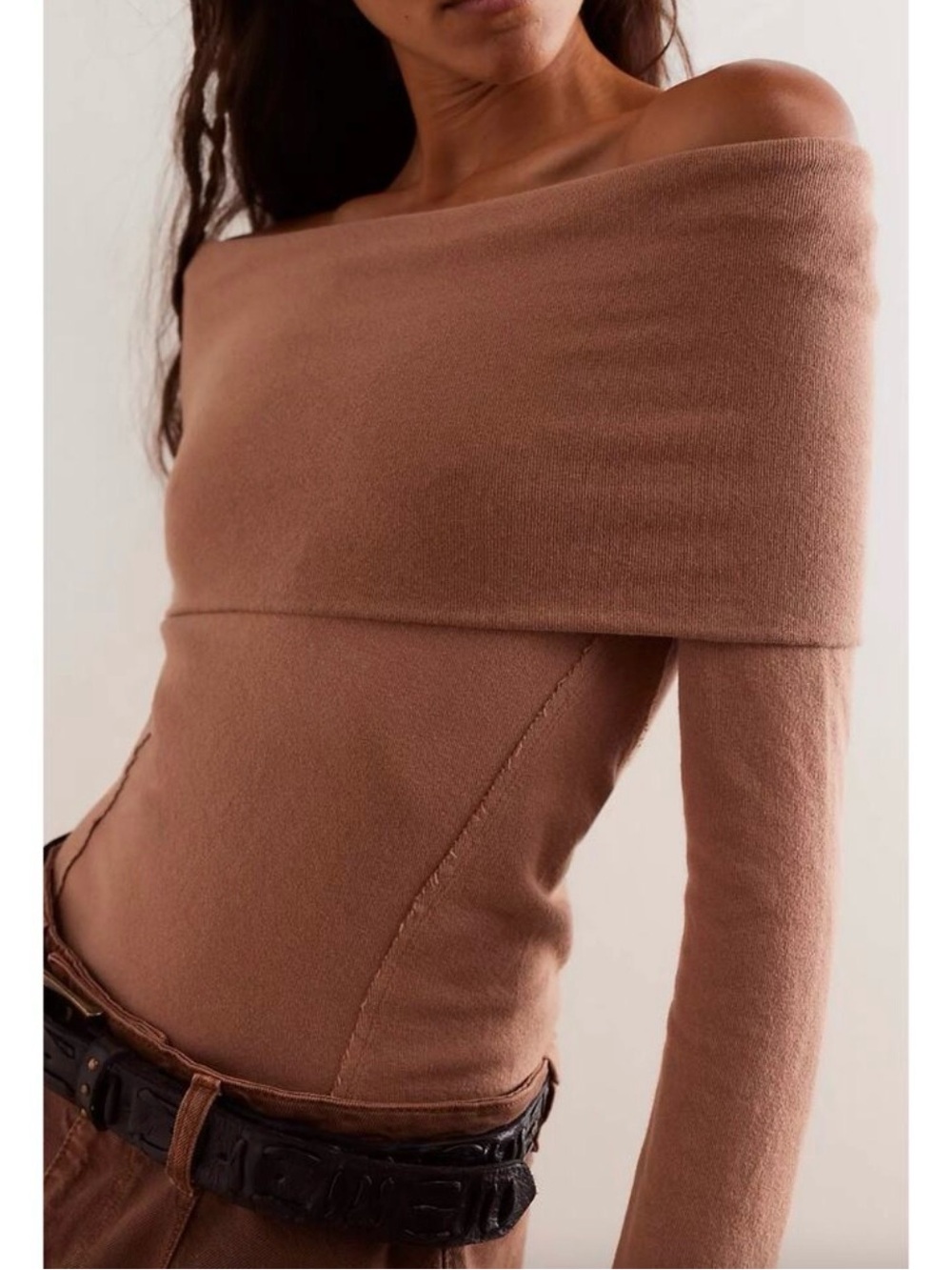 New Off-Shoulder Long Sleeve Top in Camel